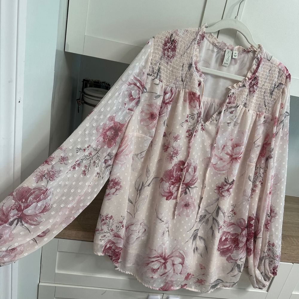 Joie Floral Peasant Blouse Womens 2X Pink Swiss Dot Smocked Yoke Long Sleeve Top
